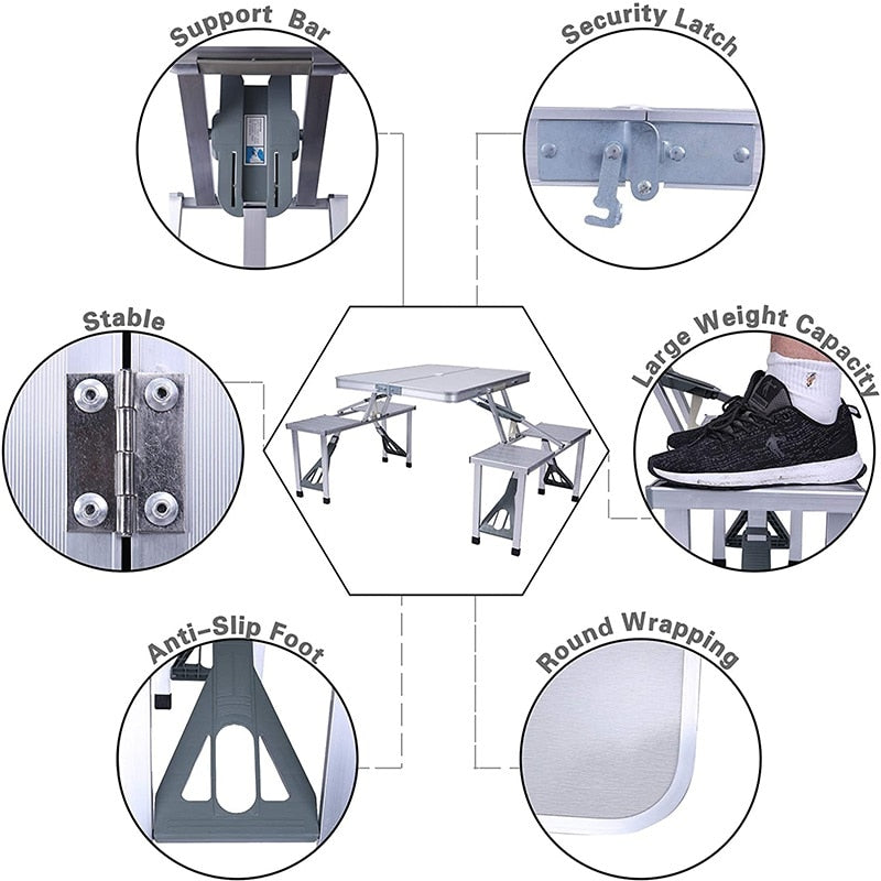 Portable Folding Aluminum Suitcase Table Chair Set Camping Picnic Table with 4 Seats Umbrella Hole for Party BBQ Beach Fishing