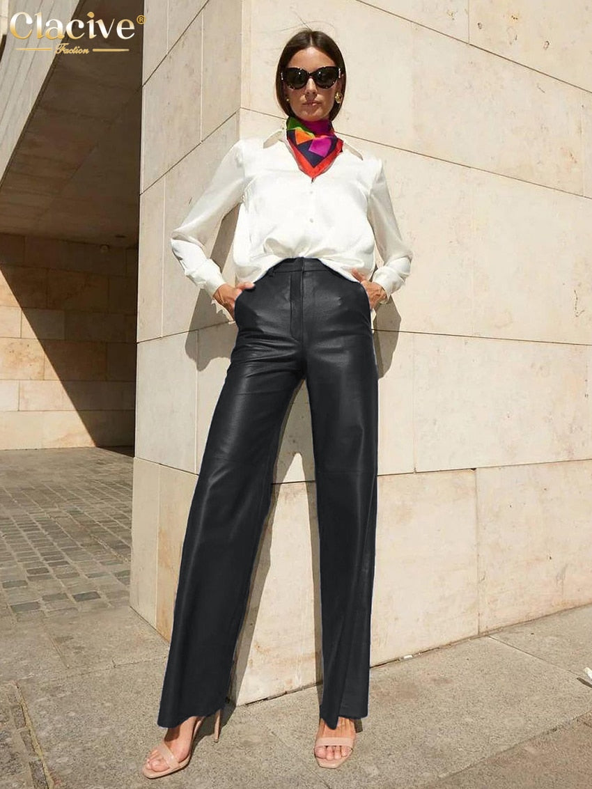 CLACIVE Pu Leather Women's Straight Trousers