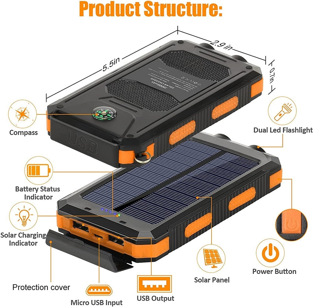 Solar Power Bank 80000mAh Portable Charging Powerbank External Battery Charger  Strong Light LDE Light for All Smartphones