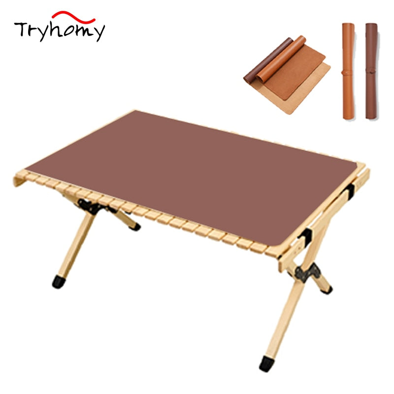 Table Mat Camping Wood Roll Table Mat 85 115 PU Leather Thicken Waterproof Heat-Resistant Wooden Desk Pad For Outdoor Picnic BBQ