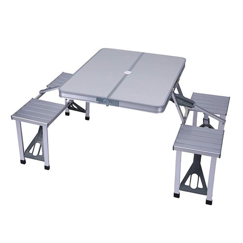 Portable Folding Aluminum Suitcase Table Chair Set Camping Picnic Table with 4 Seats Umbrella Hole for Party BBQ Beach Fishing