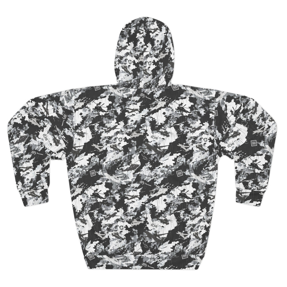 Black & White Abstract Camo Hoodie — All-Over Print Pullover - Equippage.com
