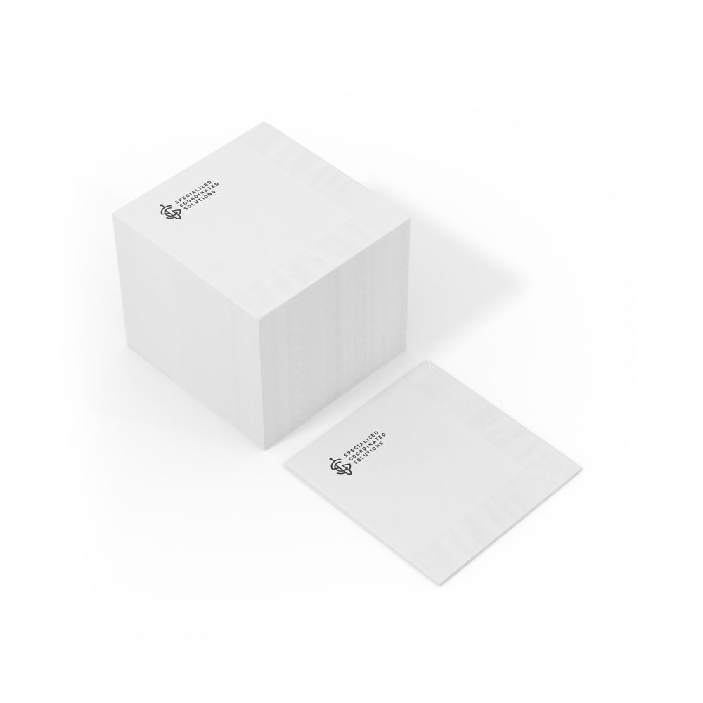 SCS Planning Napkin- discuss, plan, review, analyze, update, execute, review — White Coined Cocktail Napkin for Events & Branding