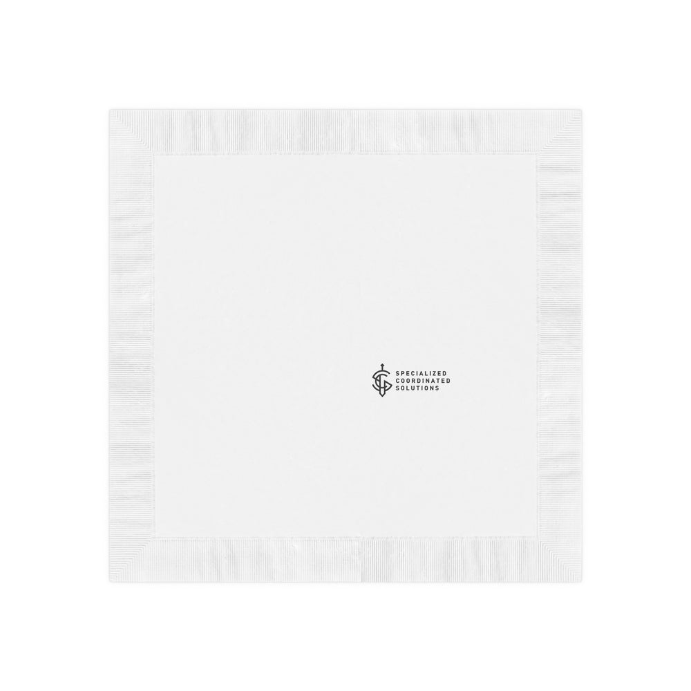 SCS Planning Napkin- discuss, plan, review, analyze, update, execute, review — White Coined Cocktail Napkin for Events & Branding