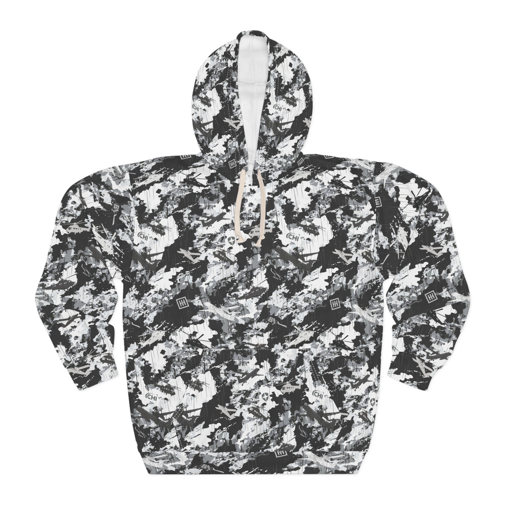 Black & White Abstract Camo Hoodie — All-Over Print Pullover - Equippage.com