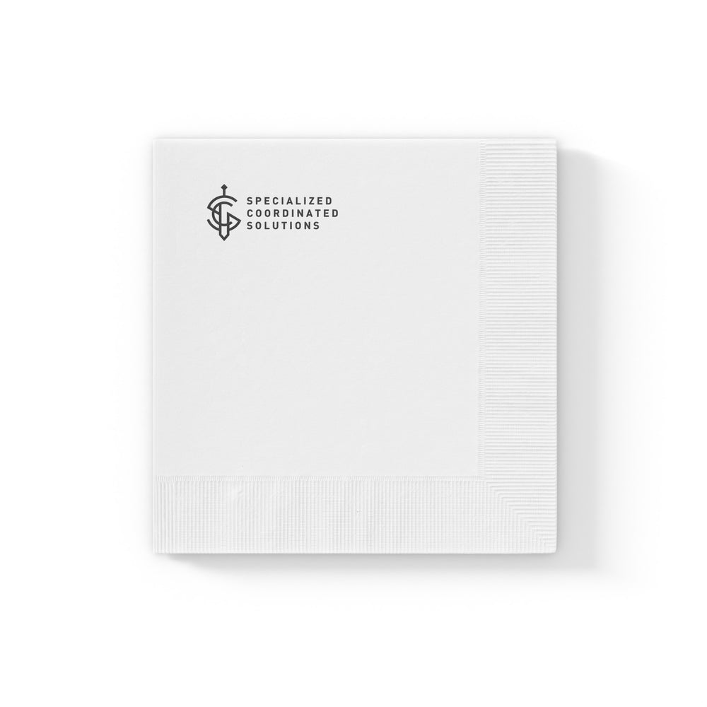 SCS Planning Napkin- discuss, plan, review, analyze, update, execute, review — White Coined Cocktail Napkin for Events & Branding