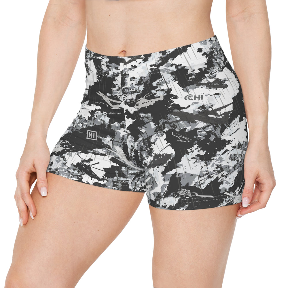 Black & White Camo Women's Shorts — All-Over Print Activewear - Equippage.com