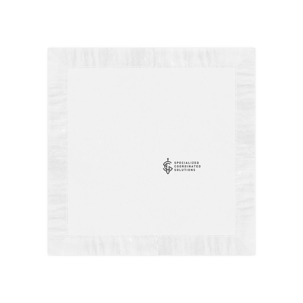 SCS Planning Napkin- discuss, plan, review, analyze, update, execute, review — White Coined Cocktail Napkin for Events & Branding