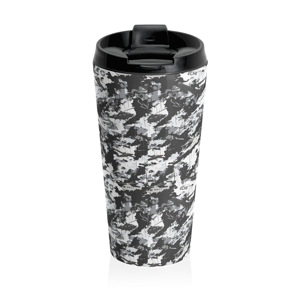 Monochrome Camo Stainless Steel Travel Mug — Insulated Black & White Pattern - Equippage.com