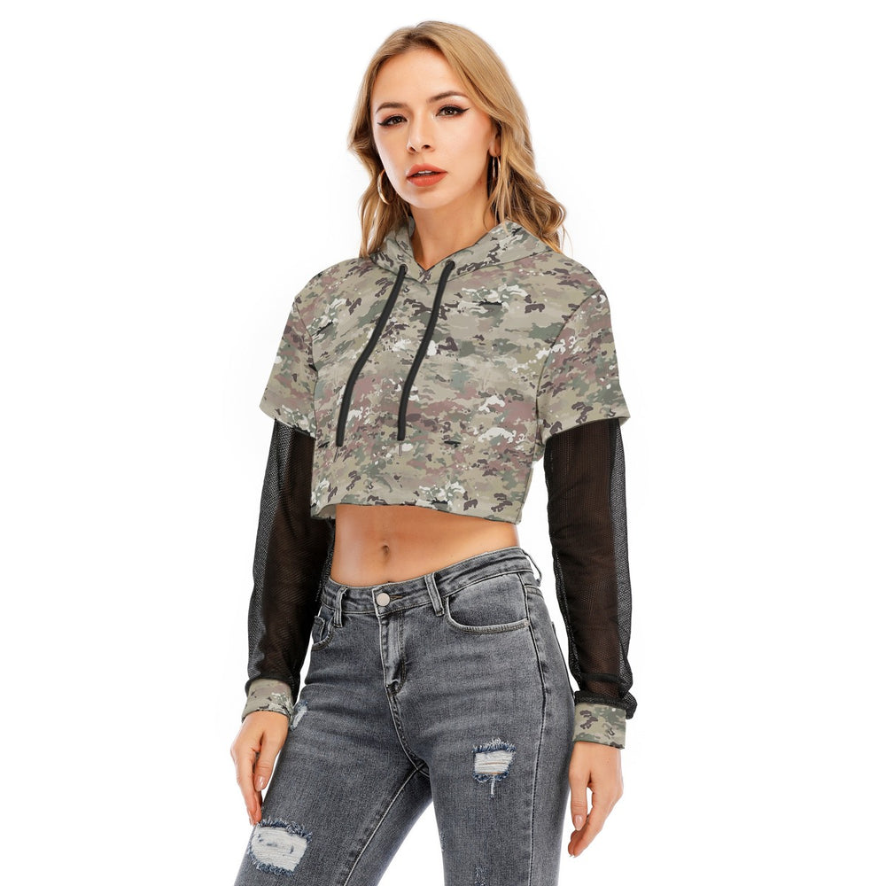 All-Over Print Women's Fake Two-piece Mesh Sleeve Cropped Hoodie