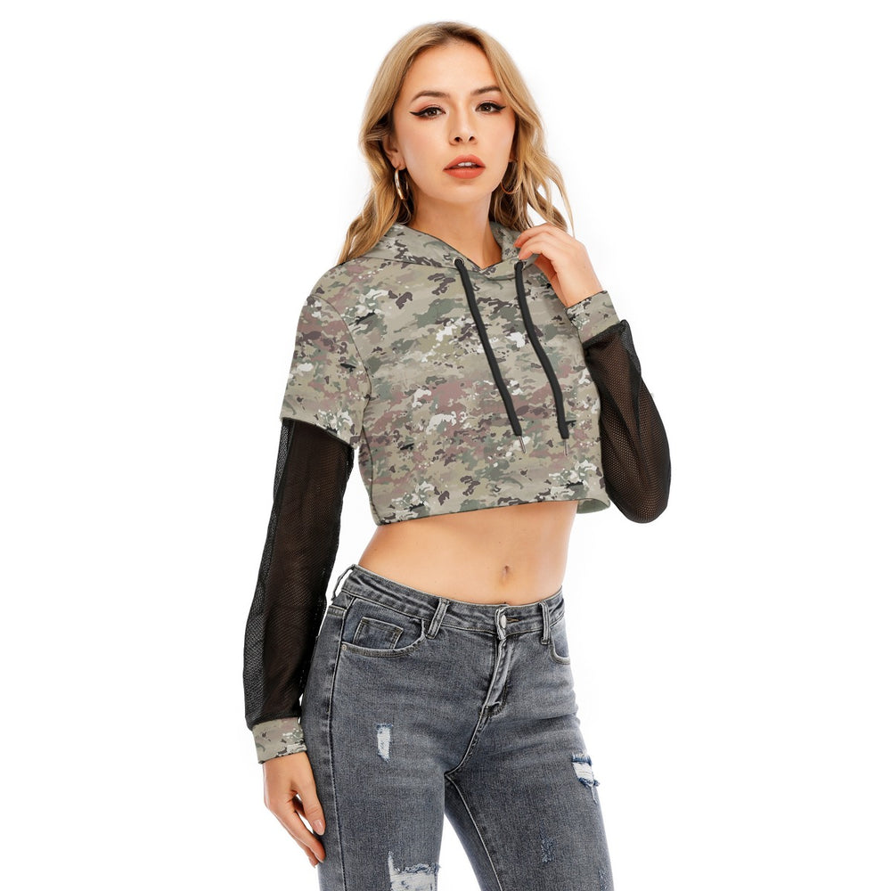 All-Over Print Women's Fake Two-piece Mesh Sleeve Cropped Hoodie