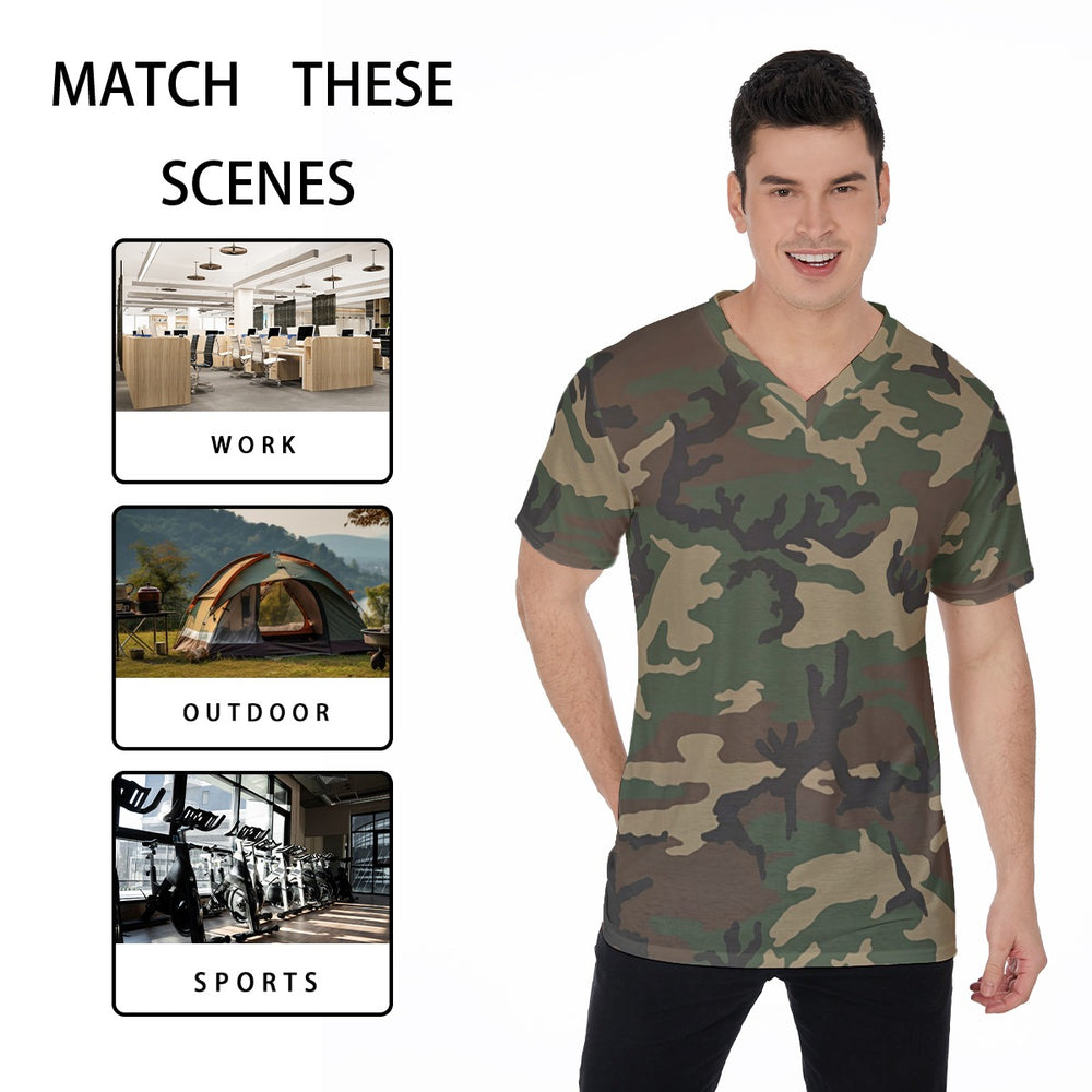 US M81 Woodland Camo V-Neck T-Shirt