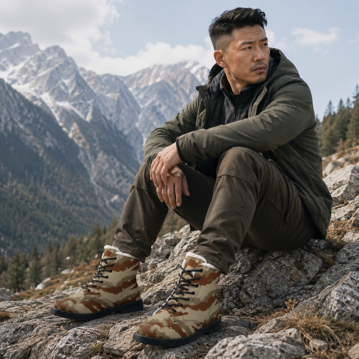 French Daguet Camo Men's Fur and Leather Boots - Equippage.com