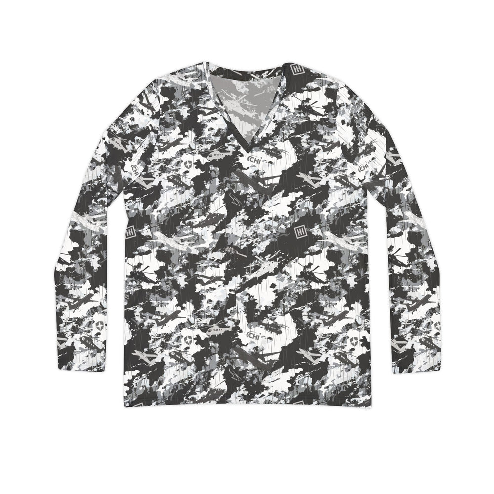 Women's V-Neck Long Sleeve Shirt - Black & White All-Over Print - Equippage.com