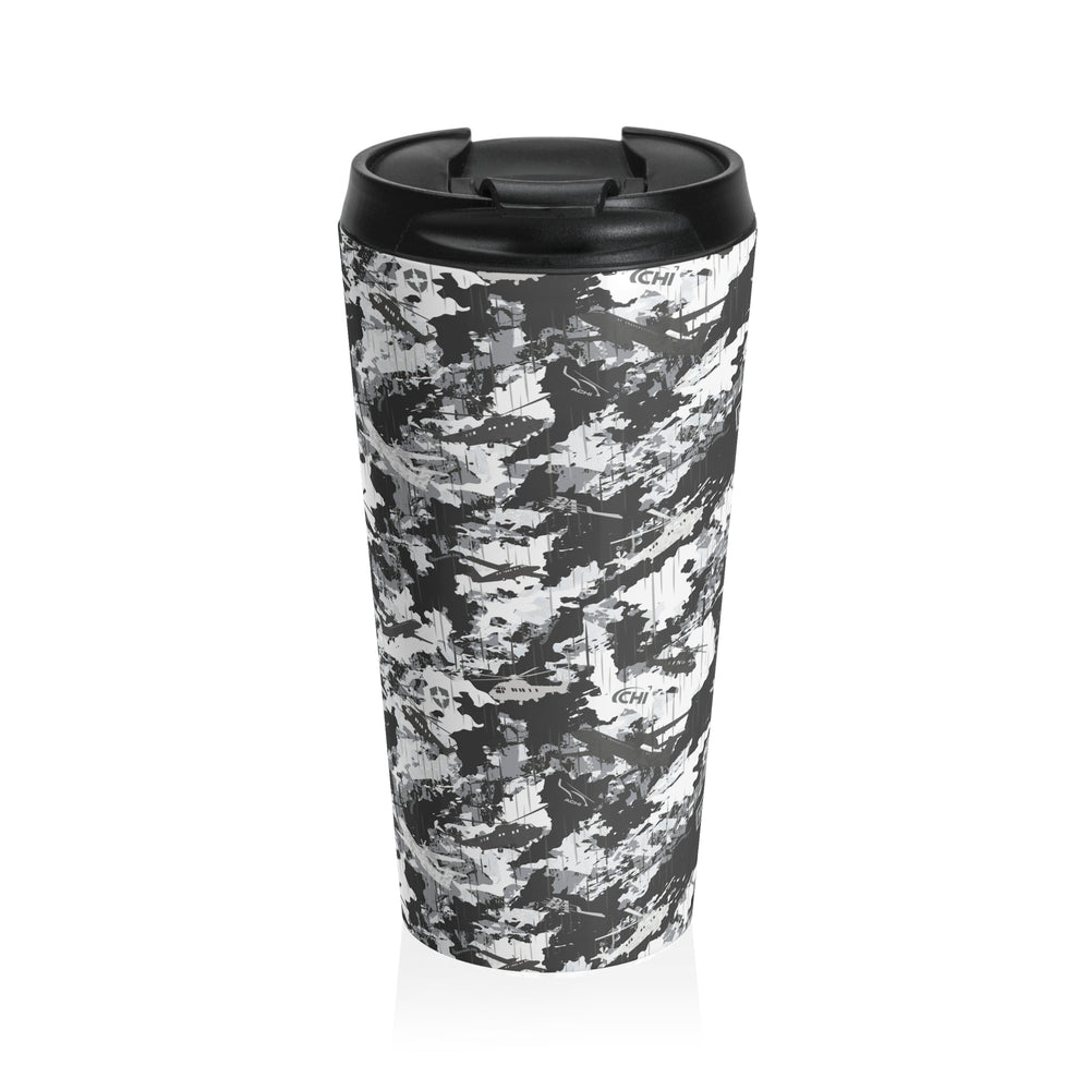 Monochrome Camo Stainless Steel Travel Mug — Insulated Black & White Pattern - Equippage.com