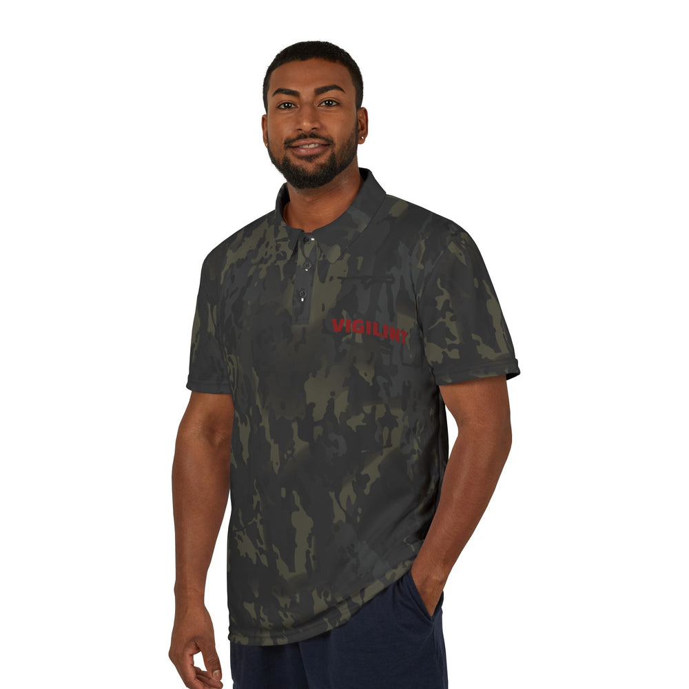 VIGILINT Black Camo Polo Shirt — Subtle Left Chest Logo (PRESS/cWRN/PR)