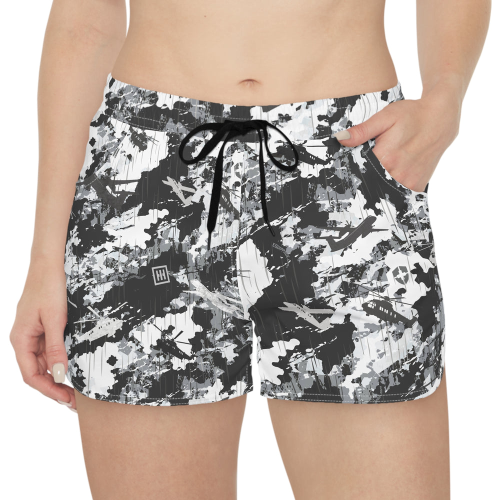 Women's Black & White Camo Athletic Shorts — All-Over Print Casual Lounge Shorts - Equippage.com
