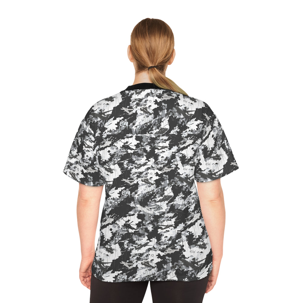 PRESS Camo Unisex Football Jersey — Grey/Black/White Camouflage Print Athletic Sports Tee