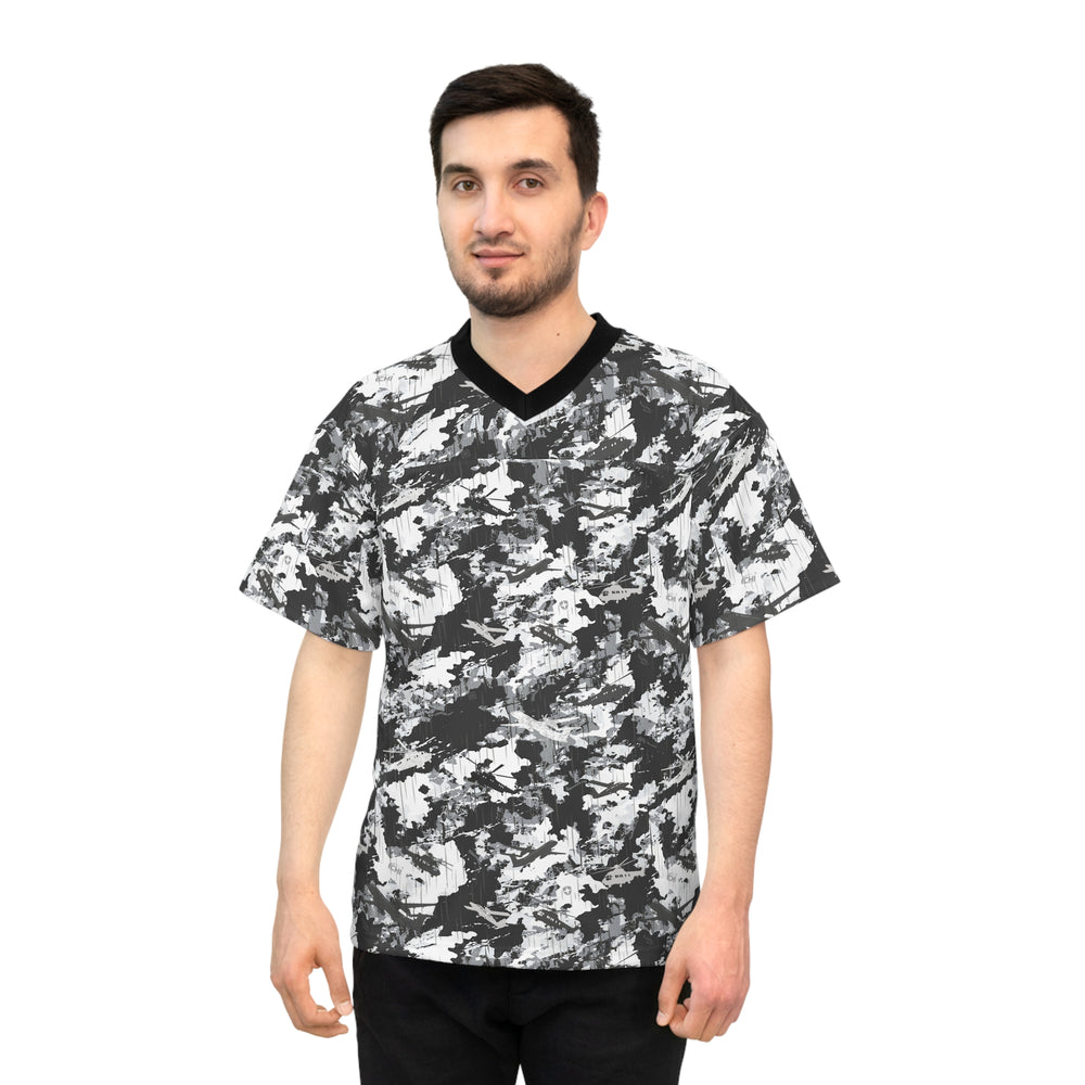 PRESS Camo Unisex Football Jersey — Grey/Black/White Camouflage Print Athletic Sports Tee