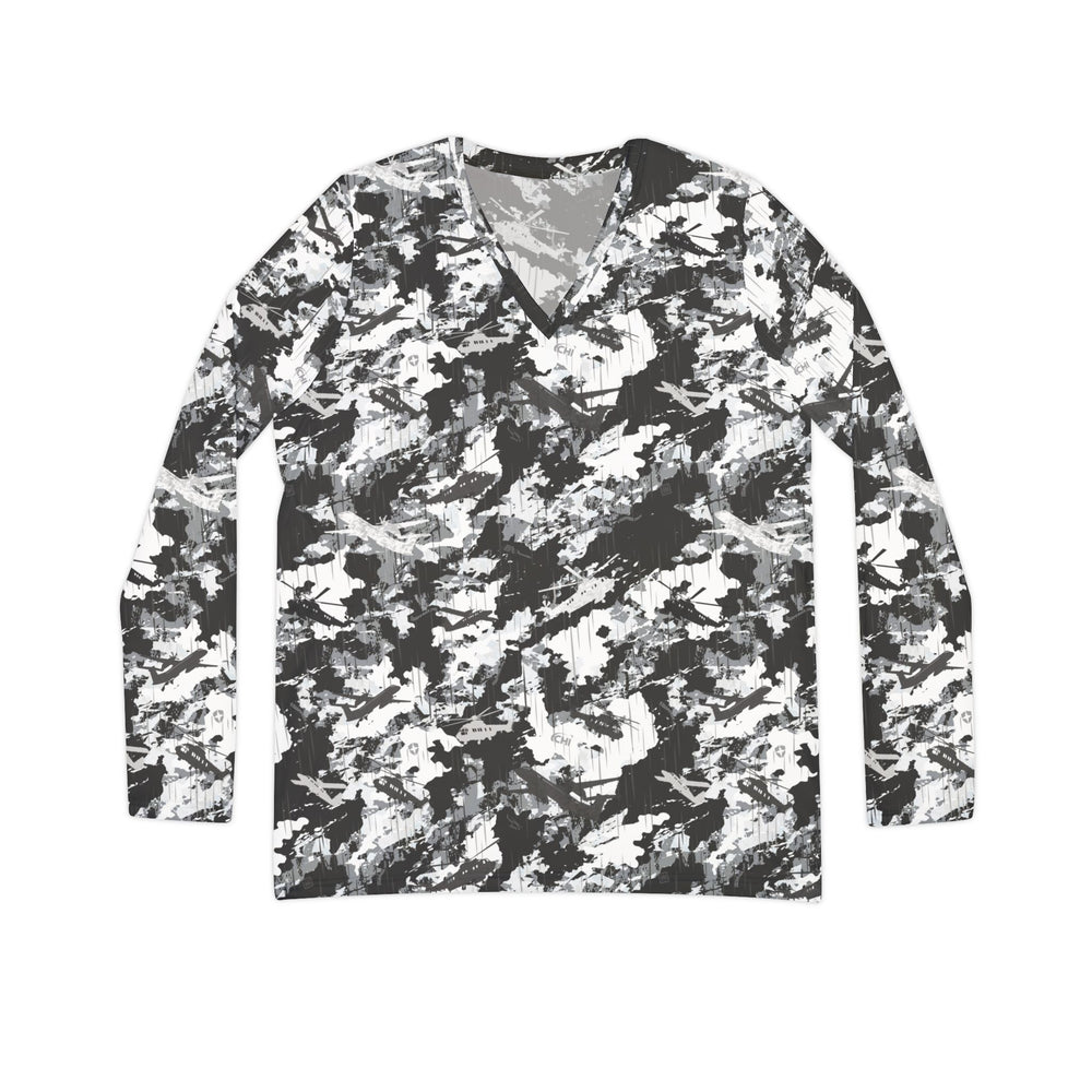 PRESS Camo Women’s Long Sleeve V-Neck Shirt in custom camouflage by Equippage.com