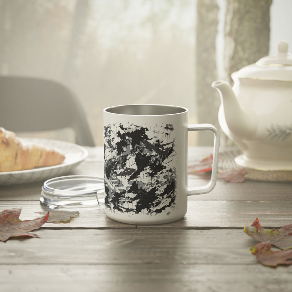 PRESS Camo Insulated Coffee Mug – 10oz — Grey/Black/White Camouflage Pattern Design
