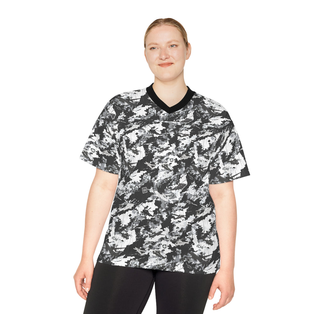 Camo Black & White Football Jersey — All-Over Print Athletic Tee - Equippage.com