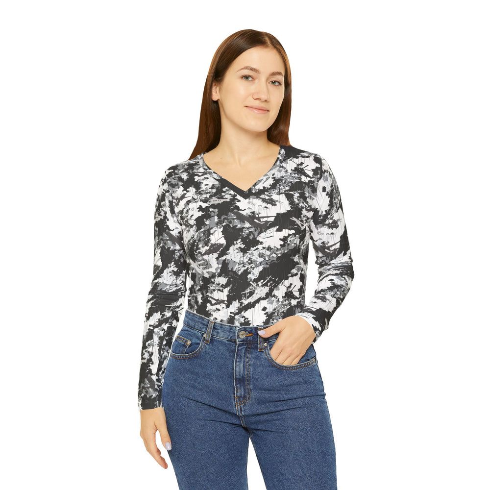 PRESS Camo Women’s Long Sleeve V-Neck Shirt in custom camouflage by Equippage.com