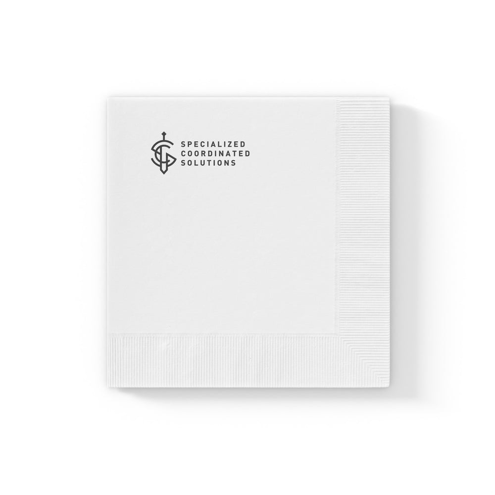 SCS Planning Napkin- discuss, plan, review, analyze, update, execute, review — White Coined Cocktail Napkin for Events & Branding