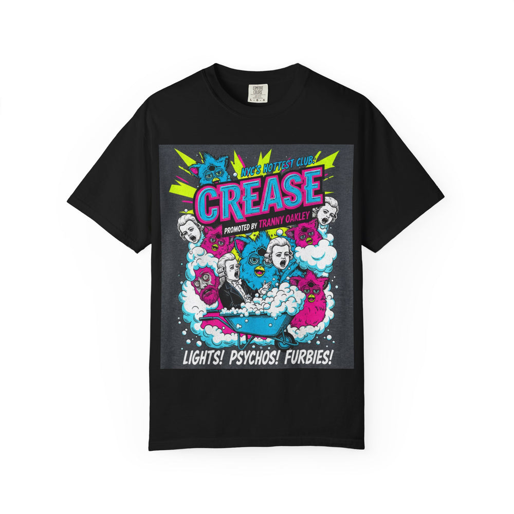 Crease NYC's Hottest Club T-Shirt — Tranny Oakley Promoter with Stefon "Lights! Psychos! Furbies!" Graphic Tee