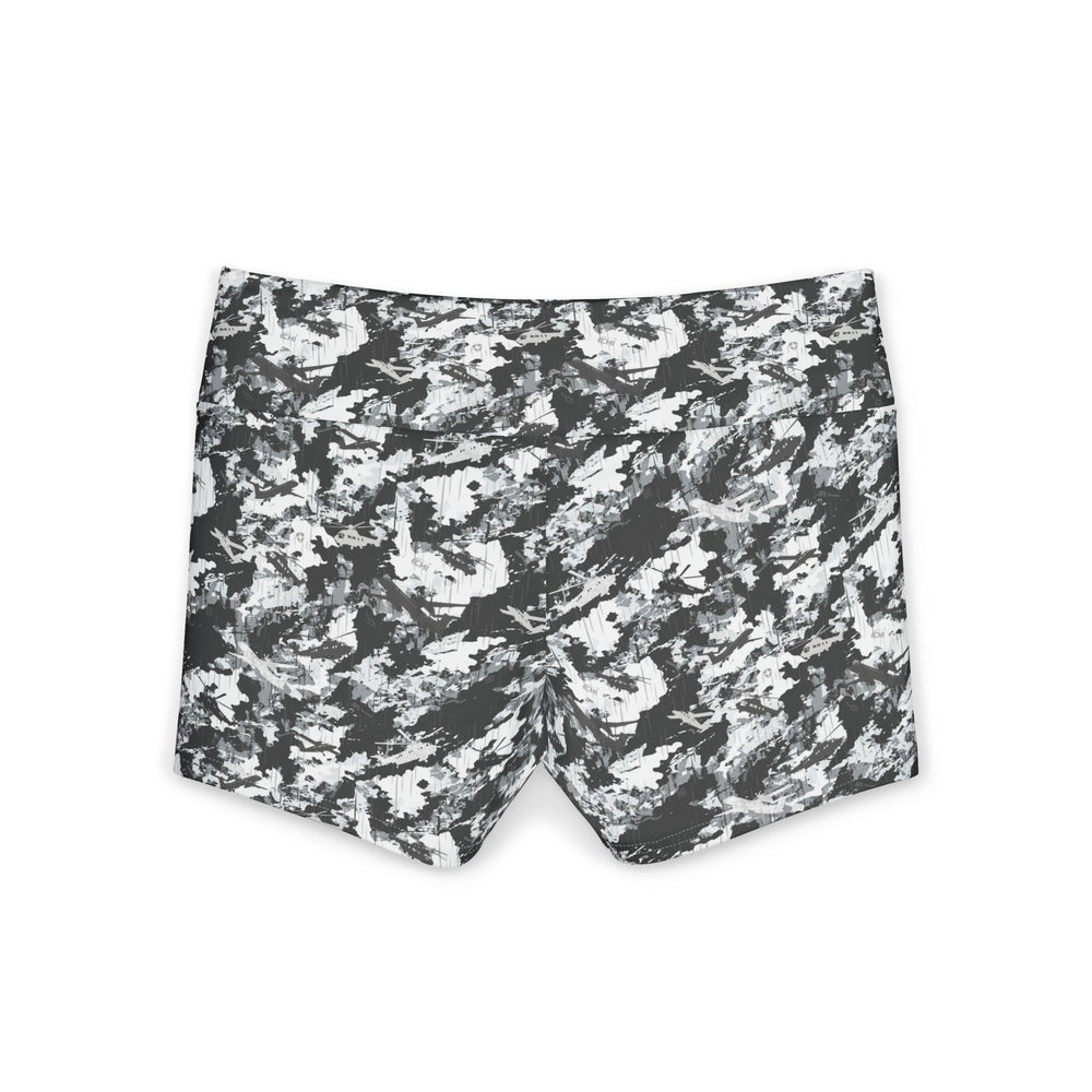 PRESS Camo Polyester Yoga Shorts — Women's Athletic Compression Shorts in Grey/Black/White camouflage sports pattern