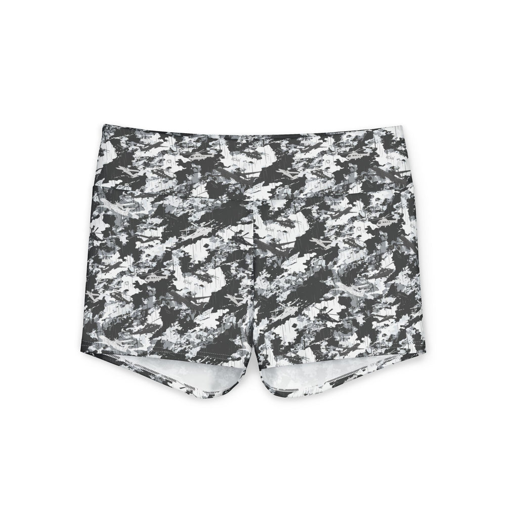 PRESS Camo Polyester Yoga Shorts — Women's Athletic Compression Shorts in Grey/Black/White camouflage sports pattern