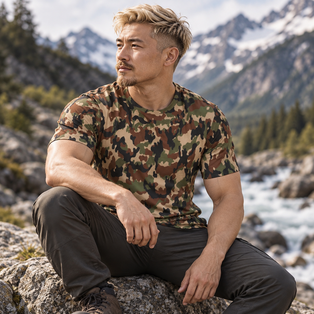 Swiss Taz 90 Woodland Camo Men's O-Neck T-Shirt | 190GSM Cotton - Equippage.com