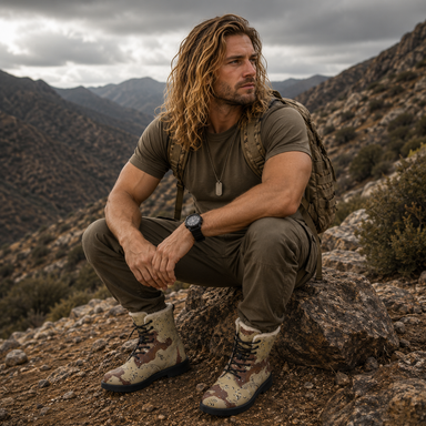 Chocolate Chip Desert Camo Men's Fur and Leather Boots - Equippage.com