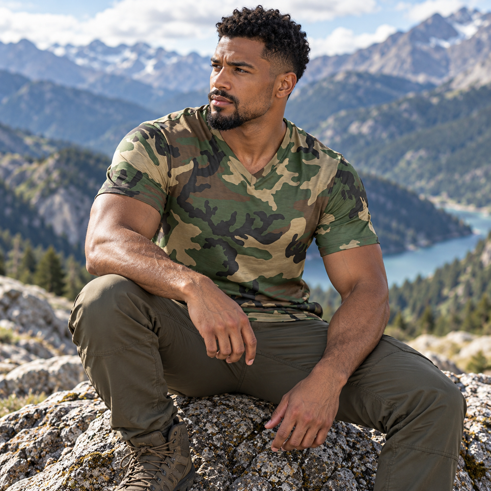 US M81 Woodland Camo V-Neck T-Shirt