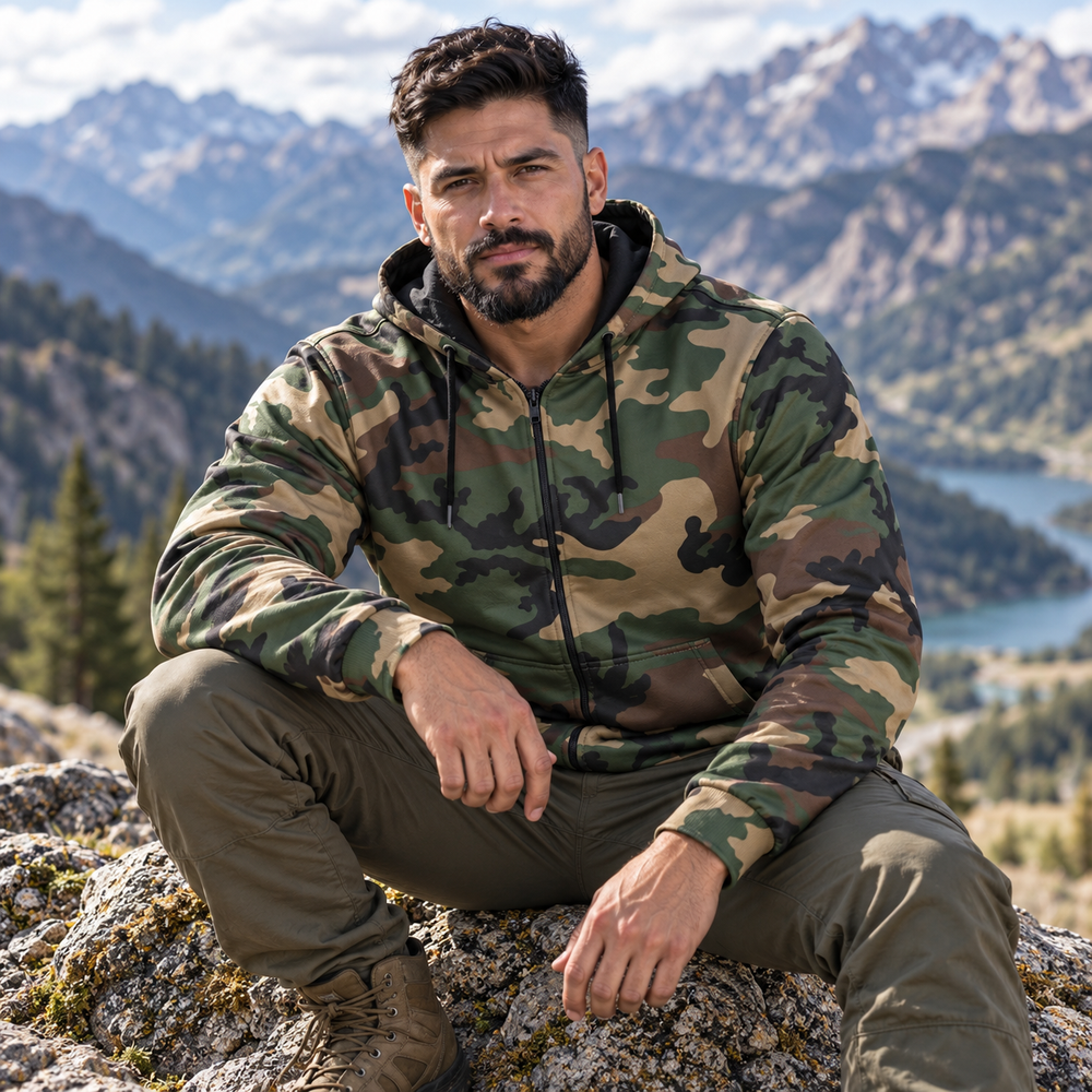 US M81 Woodland Camo Men's Heavy Fleece Zip Up Hoodie