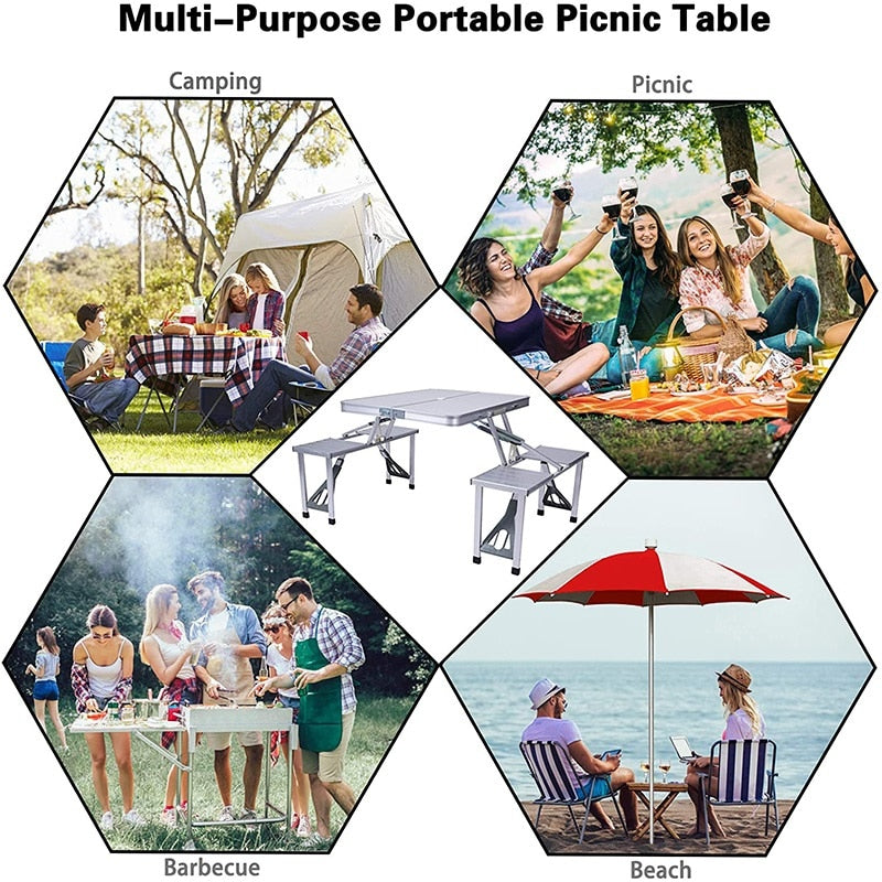 Portable Folding Aluminum Suitcase Table Chair Set Camping Picnic Table with 4 Seats Umbrella Hole for Party BBQ Beach Fishing