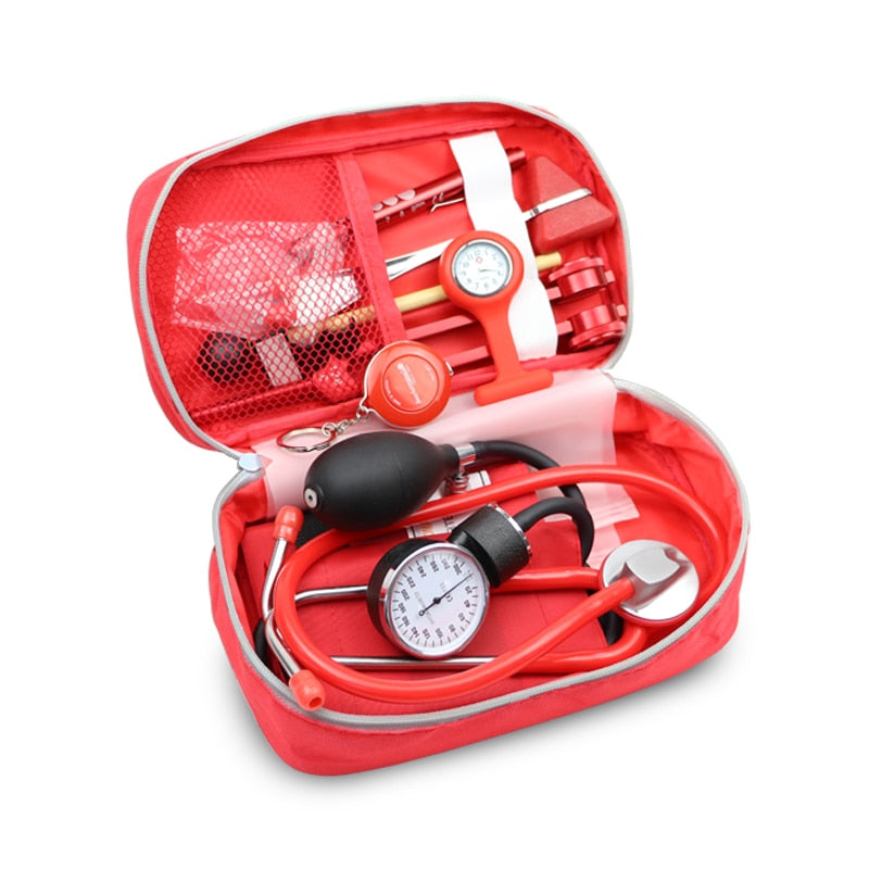 Classic Red Medical Kit Health Bag Pouch Set with Stethoscope Manometer Tuning Fork Reflex Hammer LED First Aid Penlight Torch