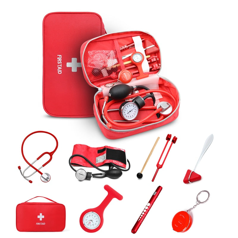 Classic Red Medical Kit Health Bag Pouch Set with Stethoscope Manometer Tuning Fork Reflex Hammer LED First Aid Penlight Torch