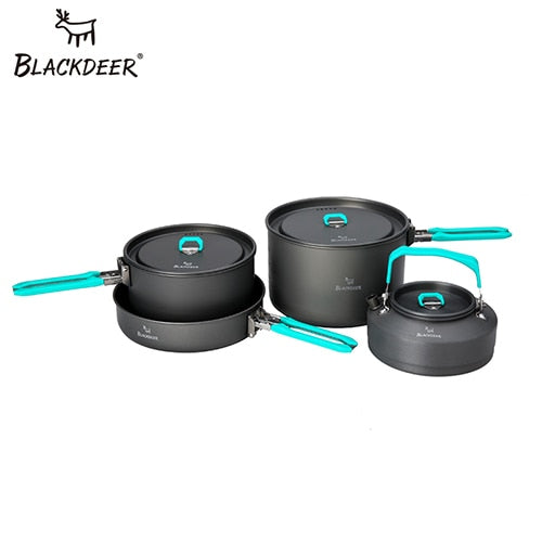 BLACKDEER Outdoor Camping Tableware Set Backpacking Picnic 2 Pot 1 Frypan 1 Kettle Alumina Durable Cookware  Folding Cooking Set