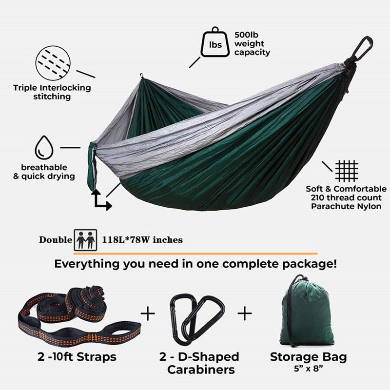 Oversized Double Camping Hammock,Portable Tree Straps Hammock ,210T Nylon Travel Hammock, Lightweight Parachute Hammocks