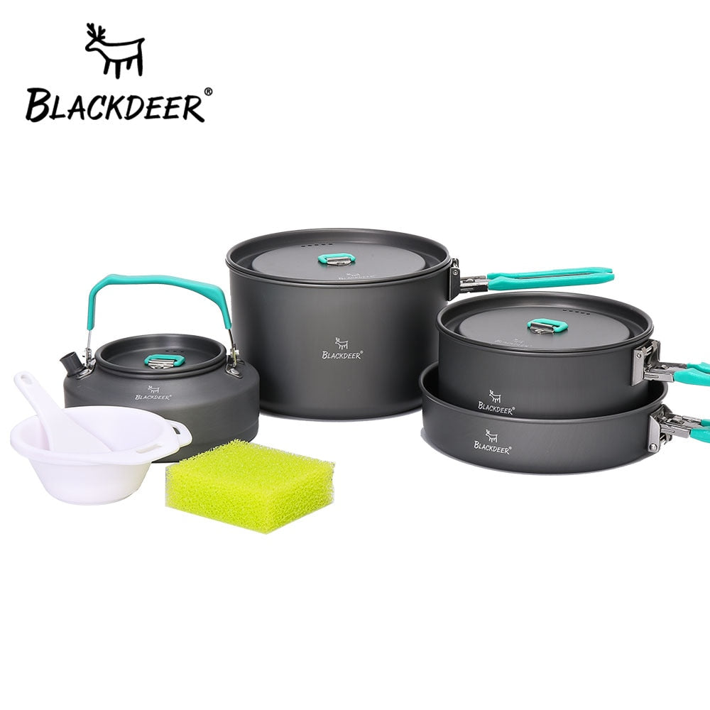 BLACKDEER Outdoor Camping Tableware Set Backpacking Picnic 2 Pot 1 Frypan 1 Kettle Alumina Durable Cookware  Folding Cooking Set