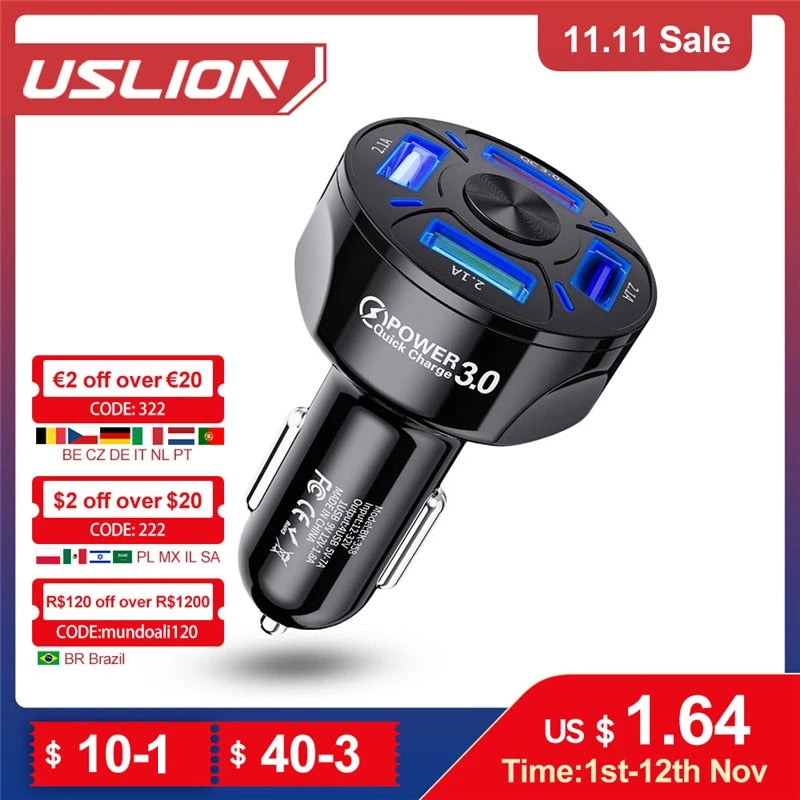 USLION 4 Ports USB Car Fast Charger